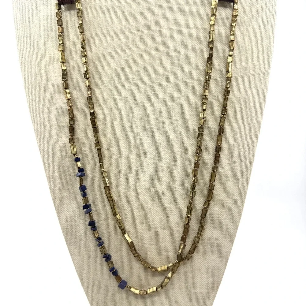 Bronze Tone Blue Chip Bead Double Strand Leather Cord Boho Statement Necklace